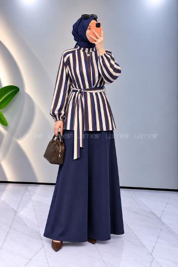 Lamelif Ön Fermuar Kapamalı Çizgili İkili Takım Lacivert