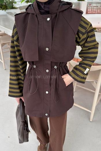 Bitter Brown Hood Neck Sleeveless Arm With Zipper Unprinted Vest