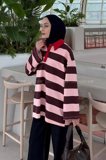 Lamelif Polo Yaka Düğmeli Çizgili Sweat Bordo Pembe