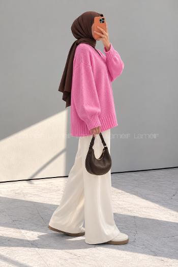 Lamelif V Yaka Triko Kazak Pembe