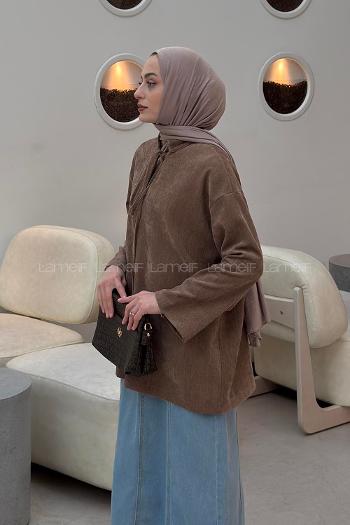 Lamelif Yaka Bağlama Detaylı Kadifemsi Tunik Sütlü Kahve