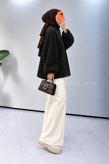 Lamelif Yarım Fermuar Yaka Polar Sweatshirt Siyah