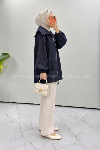 Navy Blue Shirt Collar Long Arm Jacket