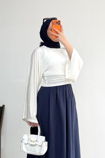 Lamelif Bisiklet Yaka Yarasa Kol Bluz Beyaz