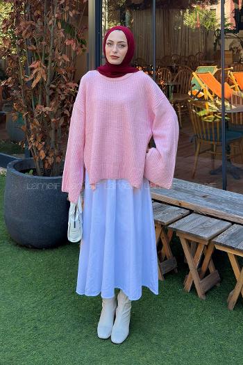 Lamelif Bisiklet Yaka Yün Örgü Kazak Pembe