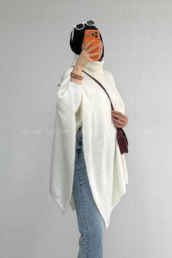 Lamelif Boğazlı Triko Panço Beyaz