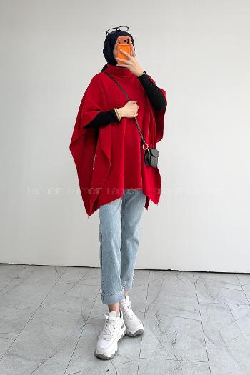 Lamelif Boğazlı Triko Panço Kırmızı