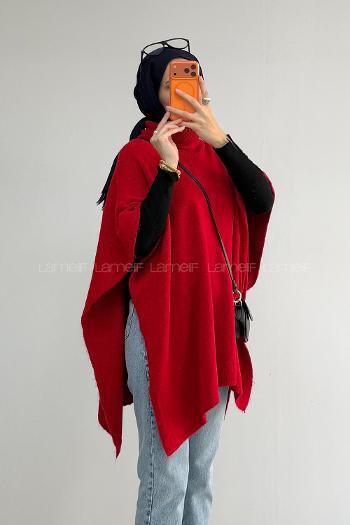 Lamelif Boğazlı Triko Panço Kırmızı