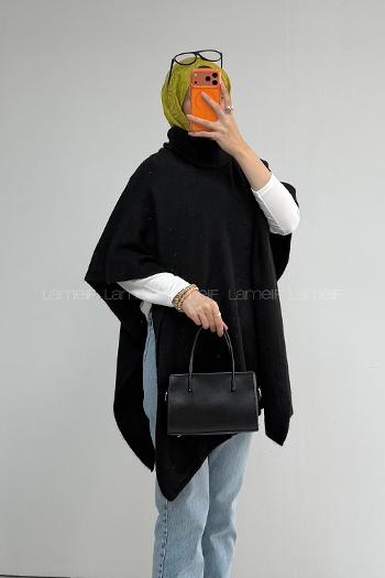 Lamelif Boğazlı Triko Panço Siyah
