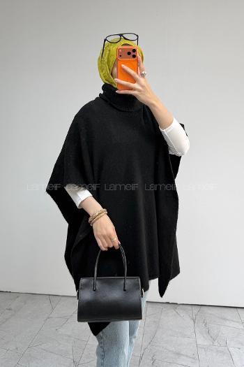 Lamelif Boğazlı Triko Panço Siyah