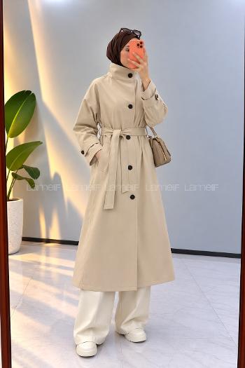 Lamelif Dik Yaka Oversize Trenç Taş