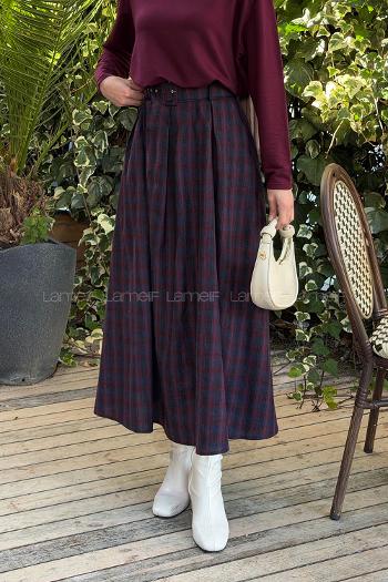 Lamelif Ekose Desen Kemerli Etek Bordo