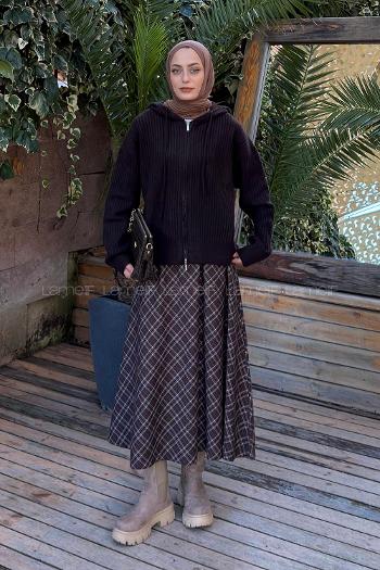 Lamelif Kapüşonlu Yün Karışımlı Hırka Acı Kahve