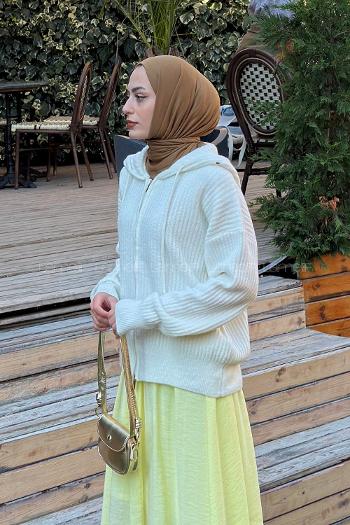 Lamelif Kapüşonlu Yün Karışımlı Hırka Ekru