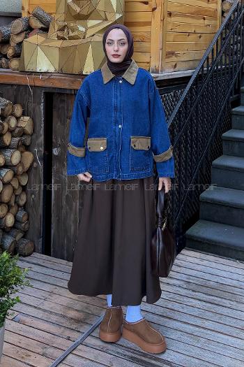 Camel Shirt Collar Long Arm Denim Jacket
