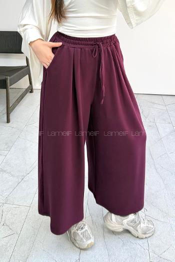 Lamelif Kristal Kumaş Etek Pantolon Mürdüm