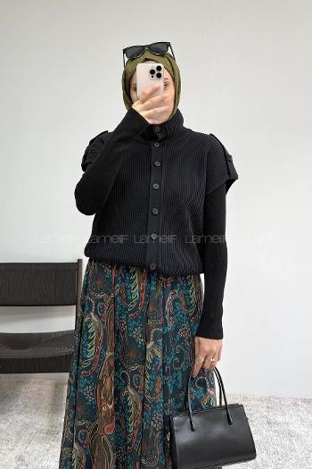 Navy Blue Turtle Neck Sleeveless Arm Buttoned Unprinted Vest