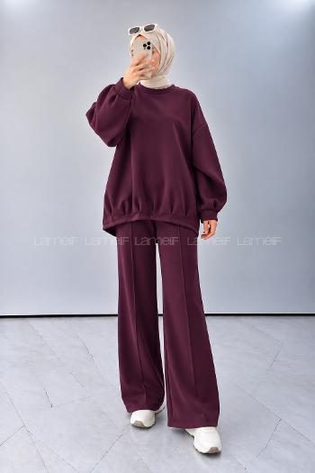 Lamelif Bisiklet Yaka Önü Çımalı İkili Takım Mürdüm