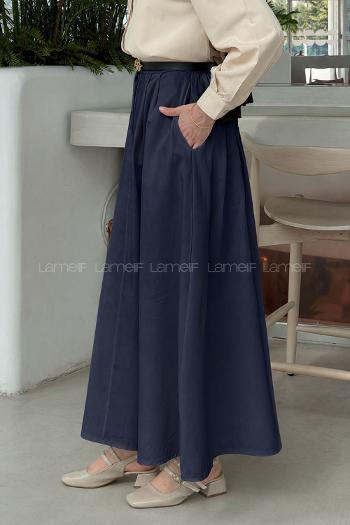 Navy Blue Linen Unprinted Flare Skirt