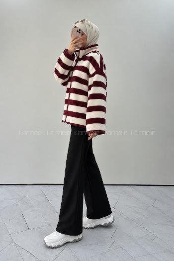 Lamelif Çizgili Polar Sweatshirt Bordo