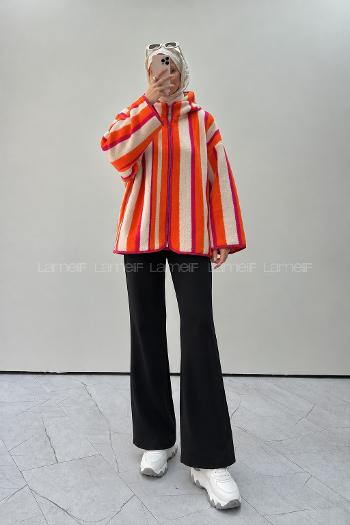 Lamelif Çizgili Polar Sweatshirt Oranj Pembe