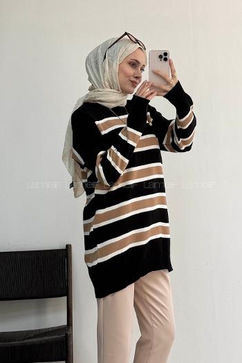 Lamelif Çizgili Triko Kazak Siyah-Camel
