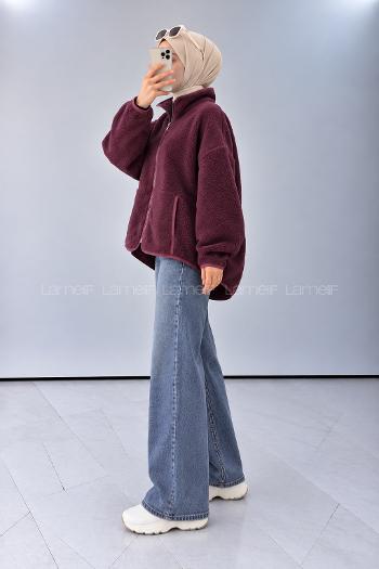 Lamelif Dik Yaka Önü Fermuar Kapamalı Polar Sweatshirt Mürdüm