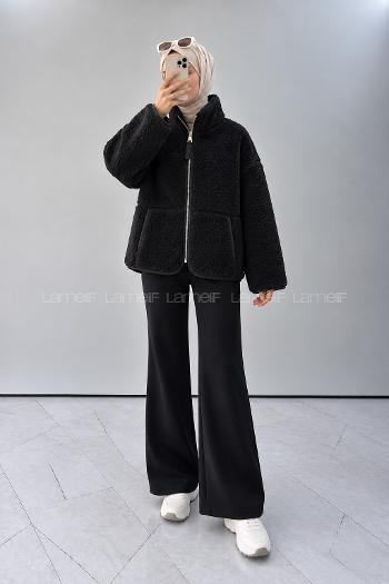 Lamelif Dik Yaka Önü Fermuar Kapamalı Polar Sweatshirt Siyah