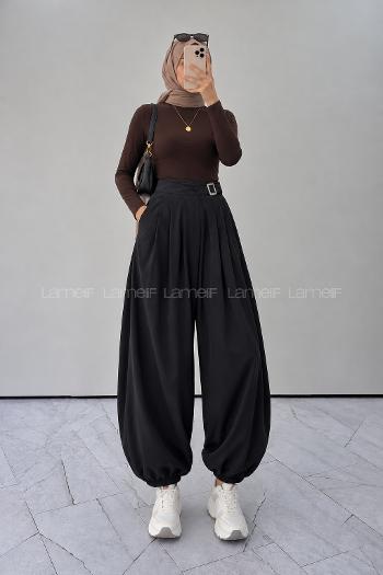 Lamelif Kemer Detaylı Şalvar Pantolon Siyah