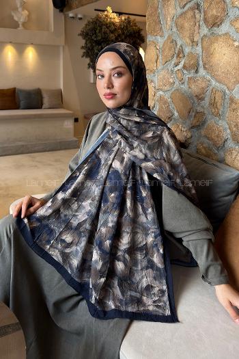 Lamelif Lotus Desen Bambu Şal Lacivert
