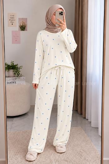 Lamelif Mavi Kalp Desenli Pijama Takımı