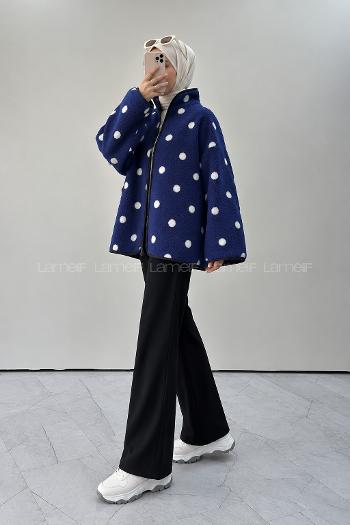 Lamelif Puantiye Desenli Polar Sweatshirt Lacivert