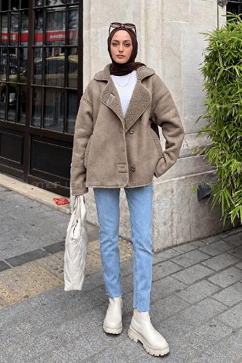 Lamelif Süet Düğmeli Mont Kahve