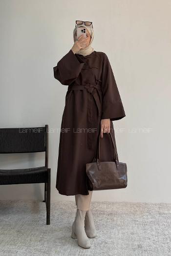 Brown Long Arm Belted Trench Coat