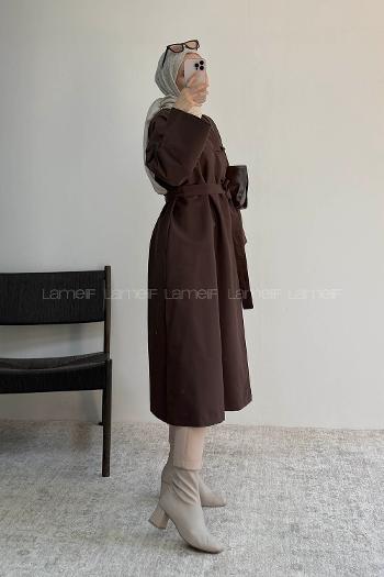 Brown Long Arm Belted Trench Coat