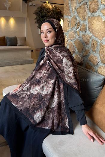 Lamelif Vintage Flower Desen Bambu Şal Siyah Kahverengi