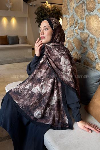 Lamelif Vintage Flower Desen Bambu Şal Siyah Kahverengi