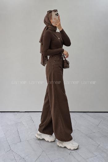 Lamelif Yüksek Bel Gabardin Fit Pantolon Kahverengi