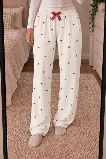 Lamelif Milan Kumaş Kırmızı Kalp Desenli Pijama Altı