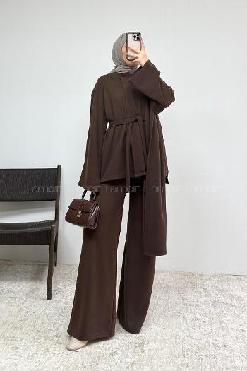 Brown Crew Neck Long Arm Belted Regular Trousers Suit