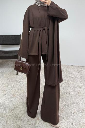 Brown Crew Neck Long Arm Belted Regular Trousers Suit