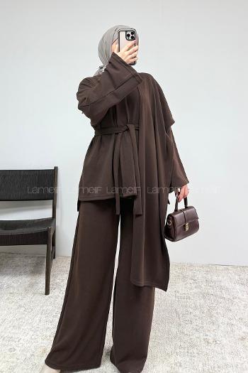 Brown Crew Neck Long Arm Belted Regular Trousers Suit