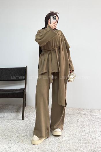 Brown With Milk Crew Neck Long Arm Belted Regular Trousers Suit