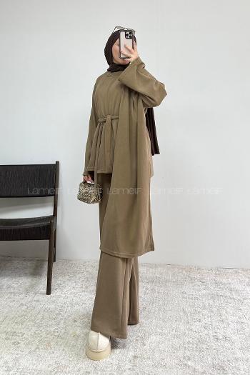 Brown With Milk Crew Neck Long Arm Belted Regular Trousers Suit