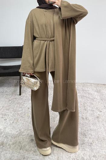 Brown With Milk Crew Neck Long Arm Belted Regular Trousers Suit