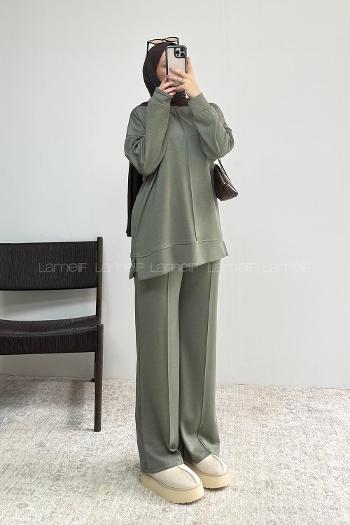 Khaki Crew Neck Long Arm Without Accessories Regular Trousers Suit