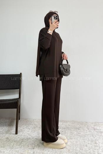 Brown Crew Neck Long Arm Without Accessories Regular Trousers Suit