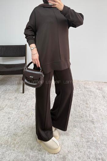 Brown Crew Neck Long Arm Without Accessories Regular Trousers Suit