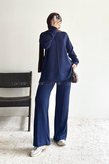 Navy Blue Crew Neck Long Arm Without Accessories Regular Trousers Suit