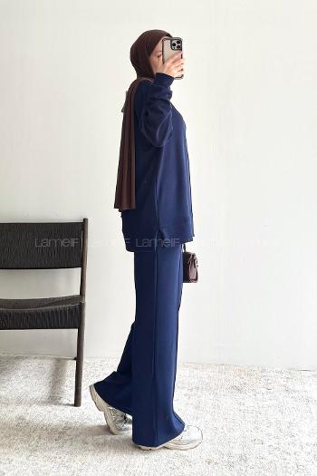 Navy Blue Crew Neck Long Arm Without Accessories Regular Trousers Suit